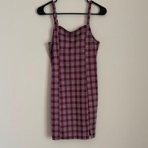 Pink Rose Burgundy Checkered Mini Dress